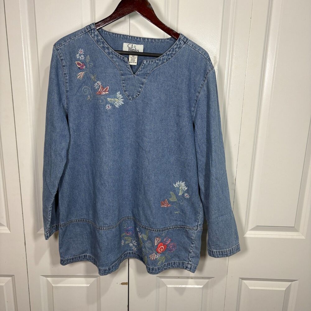 VTG CJ Banks Denim Tunic X (14W) Blue Embroidered Floral Boho Cottagecore Y2K